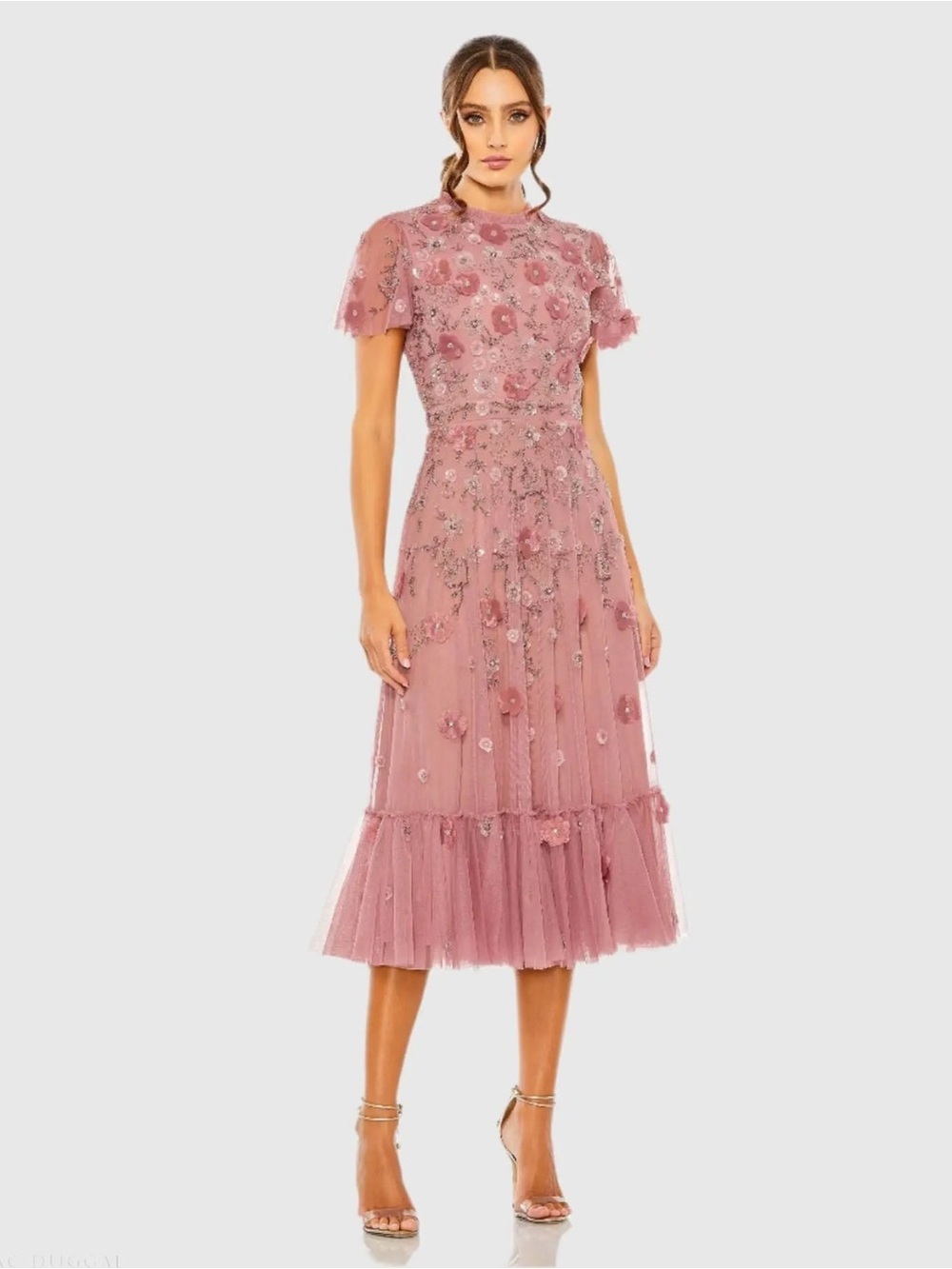 MAC DUGGAL Pink Embellished High Neck Flutter Sleeve A Line Dress 14